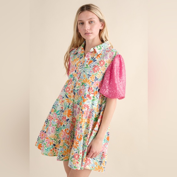 081 • Floral Button-Front Baby Doll Cotton Dress with Pink Puff Sequined Sleeves - Picture 5 of 12